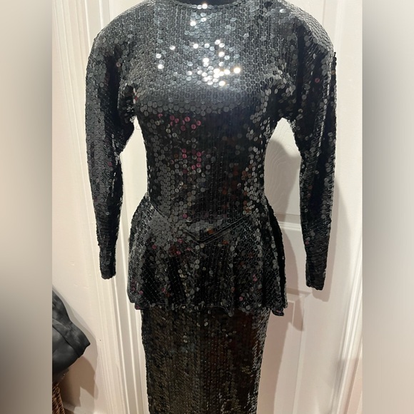 Black Sequin Long Sleeve Peplum Dress Vintage Oleg Cassini - Picture 10 of 13
